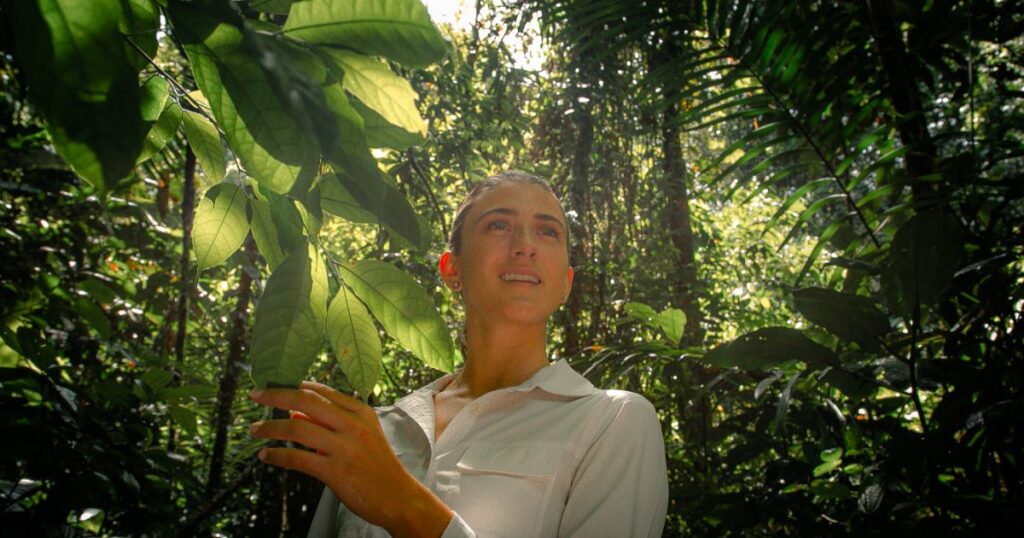 A girl touching the leaves of the trees